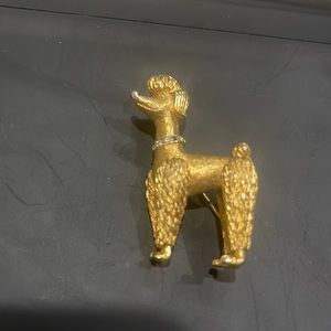 Vintage Gold Tone Poodle Dog W/ Rhinestone Collar Brooch